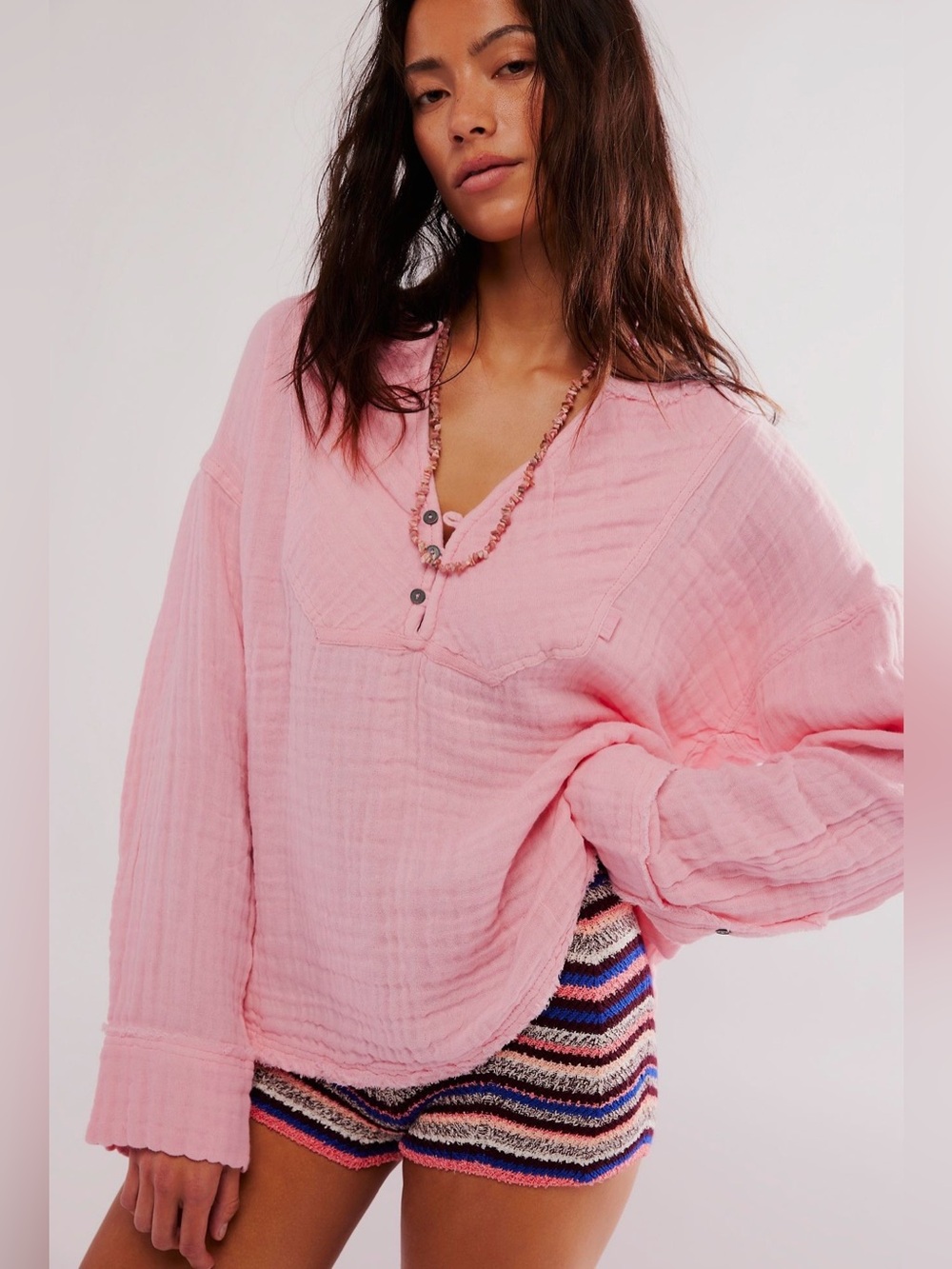 Free People Easy Sunday Pullover Gauzy Oversized Coastal Style M